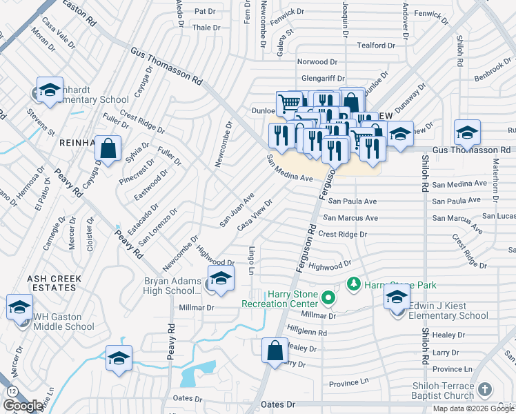 map of restaurants, bars, coffee shops, grocery stores, and more near 10223 Casa View Drive in Dallas