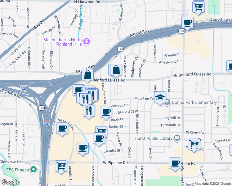 map of restaurants, bars, coffee shops, grocery stores, and more near 1225 Wooded Trail in Hurst