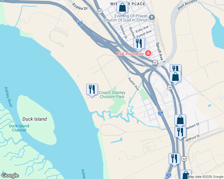 map of restaurants, bars, coffee shops, grocery stores, and more near 2045 Austin Avenue in North Charleston