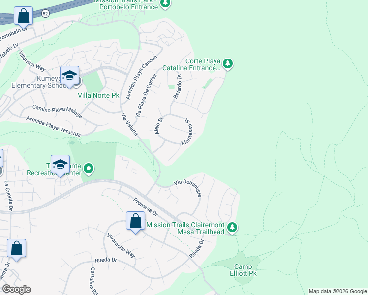 map of restaurants, bars, coffee shops, grocery stores, and more near 4899 Casals Place in San Diego