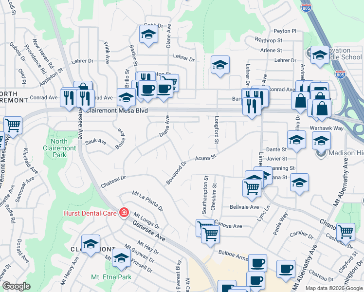 map of restaurants, bars, coffee shops, grocery stores, and more near 4820 Mount Royal Place in San Diego
