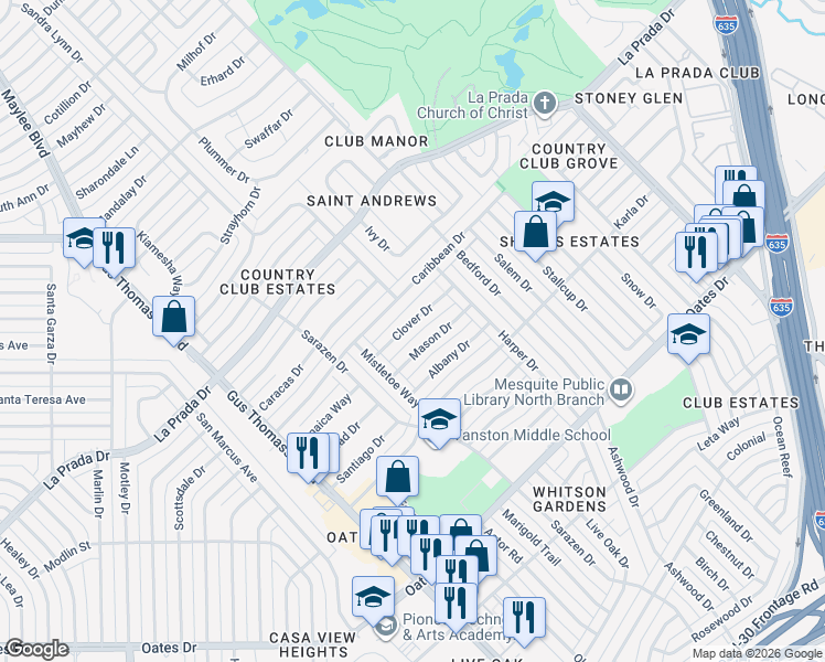 map of restaurants, bars, coffee shops, grocery stores, and more near 3036 Clover Drive in Mesquite