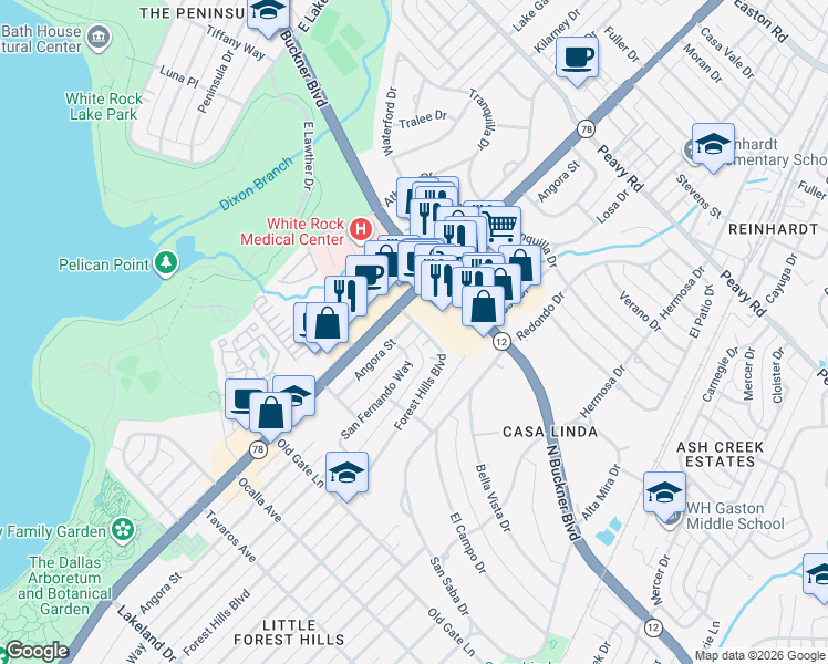 map of restaurants, bars, coffee shops, grocery stores, and more near 9363 Angora Street in Dallas