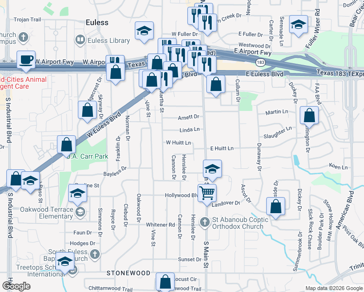 map of restaurants, bars, coffee shops, grocery stores, and more near 201 West Huitt Lane in Euless