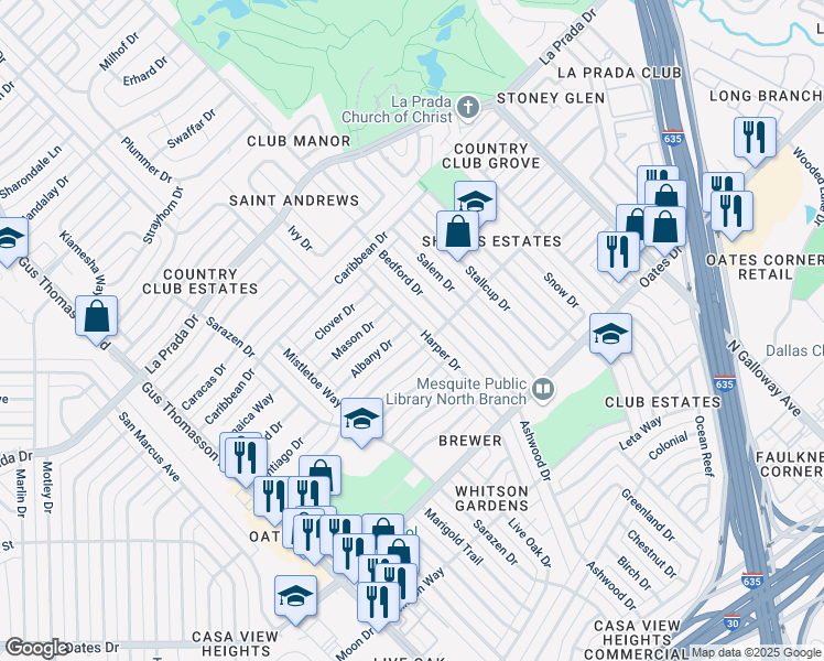 map of restaurants, bars, coffee shops, grocery stores, and more near 4813 Harper Drive in Mesquite