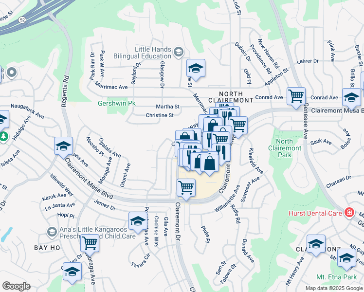 map of restaurants, bars, coffee shops, grocery stores, and more near 4778 Clairemont Drive in San Diego