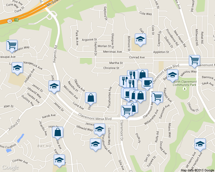 map of restaurants, bars, coffee shops, grocery stores, and more near 3626 Pocahontas Court in San Diego