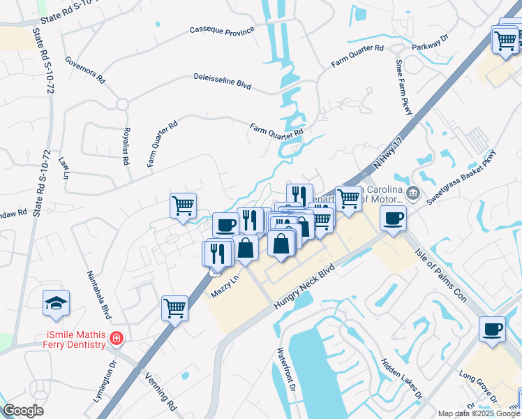 map of restaurants, bars, coffee shops, grocery stores, and more near 1725 Villa Maison in Mount Pleasant