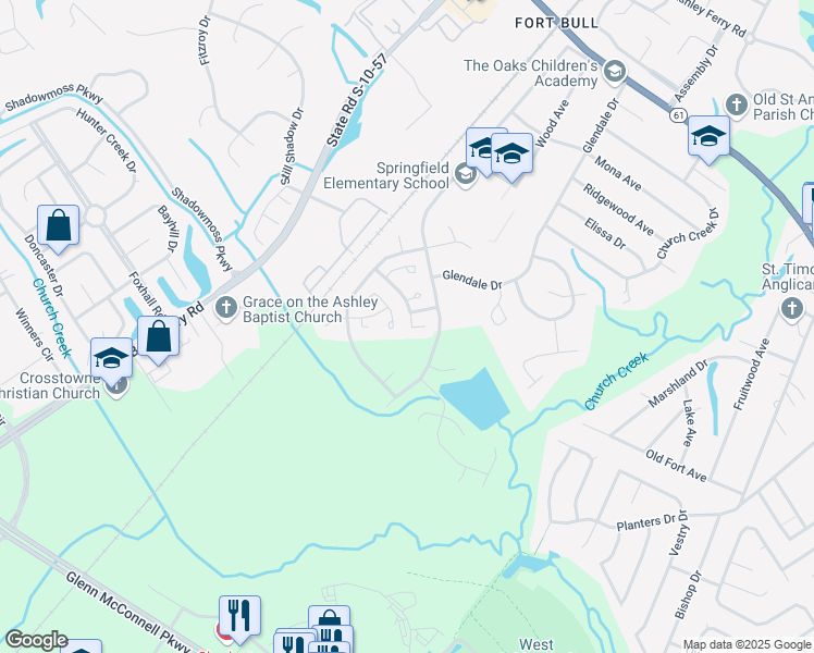 map of restaurants, bars, coffee shops, grocery stores, and more near 2848 North Moss Oak Lane in Charleston