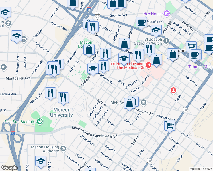 map of restaurants, bars, coffee shops, grocery stores, and more near 1154 Ross Street in Macon