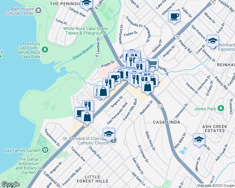 map of restaurants, bars, coffee shops, grocery stores, and more near 9335 Garland Road in Dallas