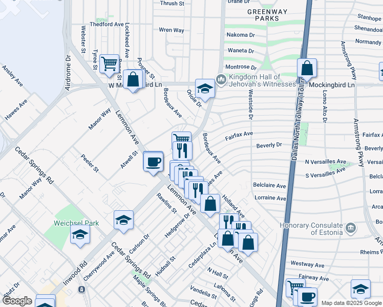 map of restaurants, bars, coffee shops, grocery stores, and more near 3723 Fairfax Avenue in Dallas