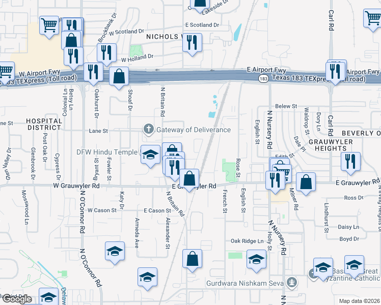 map of restaurants, bars, coffee shops, grocery stores, and more near 1713 Beverly Street in Irving