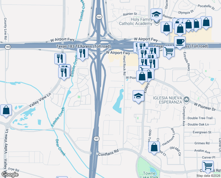 map of restaurants, bars, coffee shops, grocery stores, and more near 4444 Zahir Court in Irving