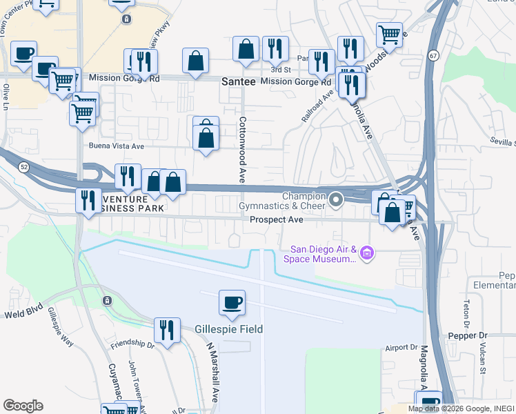 map of restaurants, bars, coffee shops, grocery stores, and more near 8627 Cottonwood Avenue in Santee