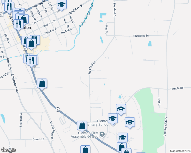 map of restaurants, bars, coffee shops, grocery stores, and more near 603 Maple Drive in Clanton