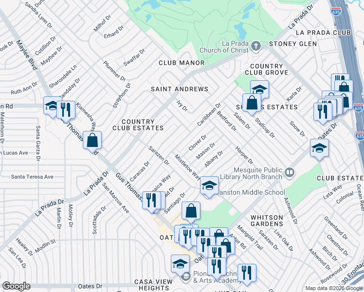 map of restaurants, bars, coffee shops, grocery stores, and more near 3124 Caribbean Drive in Mesquite