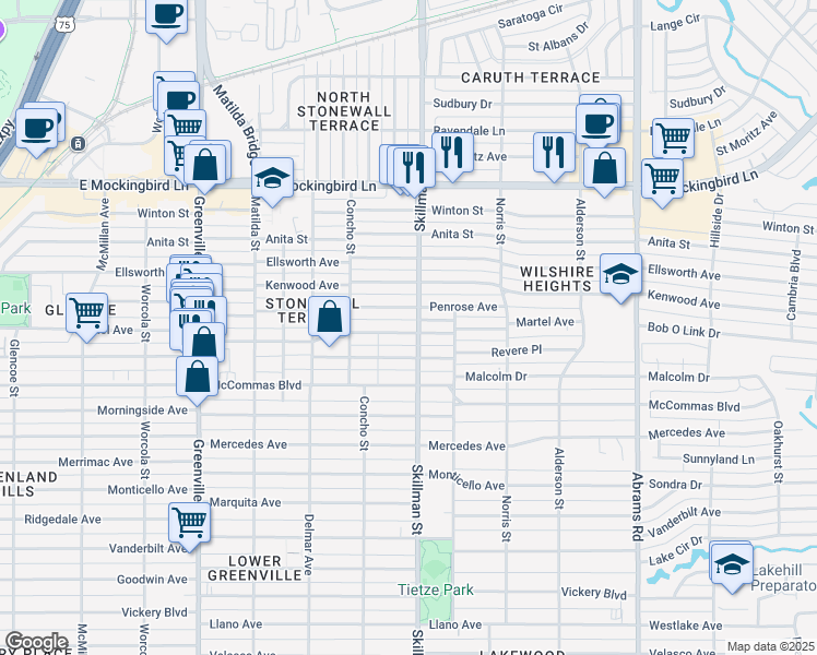 map of restaurants, bars, coffee shops, grocery stores, and more near 6055 Martel Avenue in Dallas