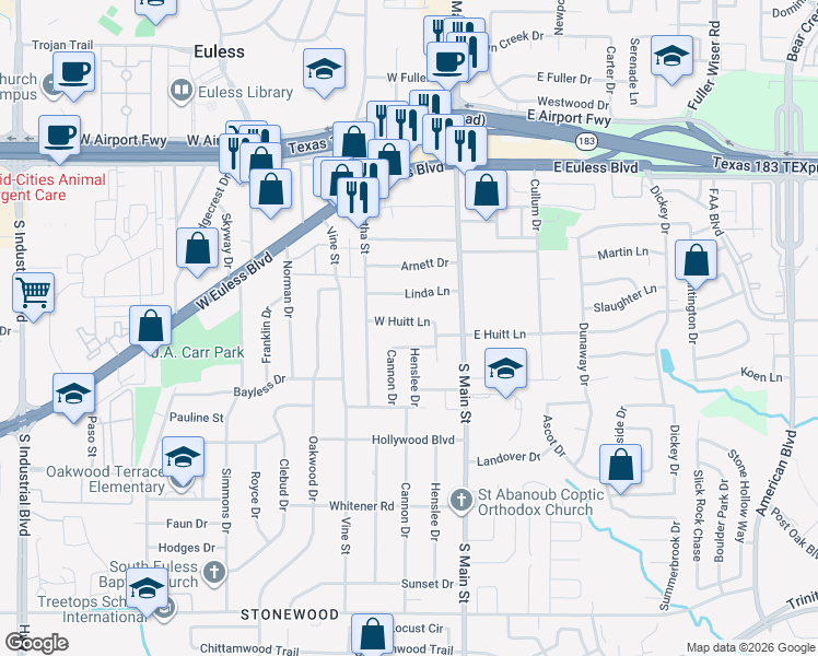 map of restaurants, bars, coffee shops, grocery stores, and more near 201 West Huitt Lane in Euless