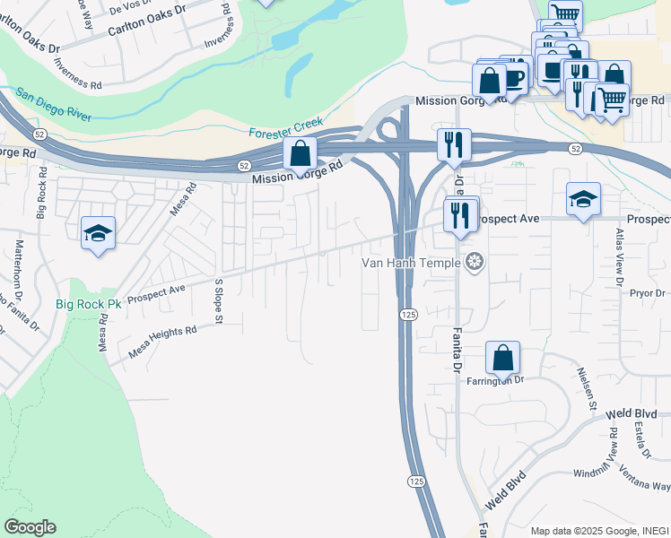 map of restaurants, bars, coffee shops, grocery stores, and more near 8624 La Butte Lane in Santee
