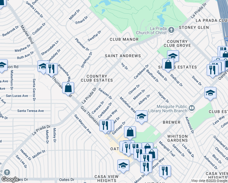 map of restaurants, bars, coffee shops, grocery stores, and more near 3338 Caracas Drive in Mesquite