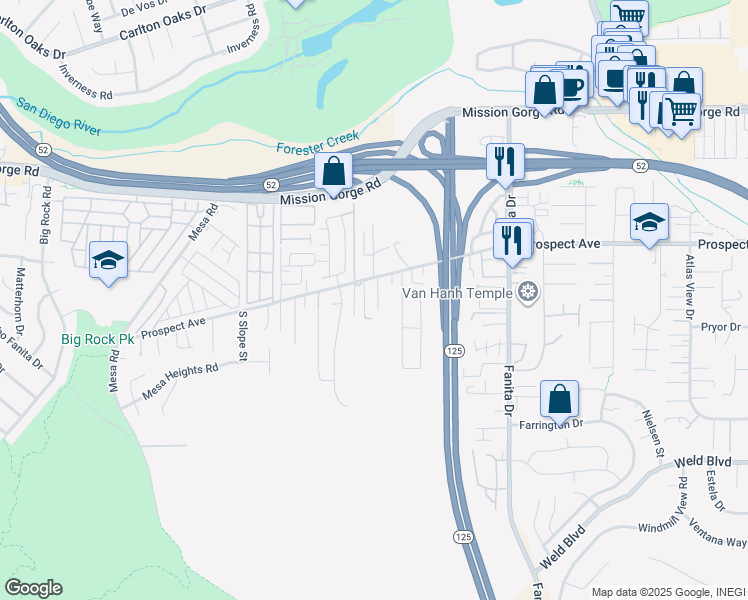 map of restaurants, bars, coffee shops, grocery stores, and more near 8624 La Butte Lane in Santee