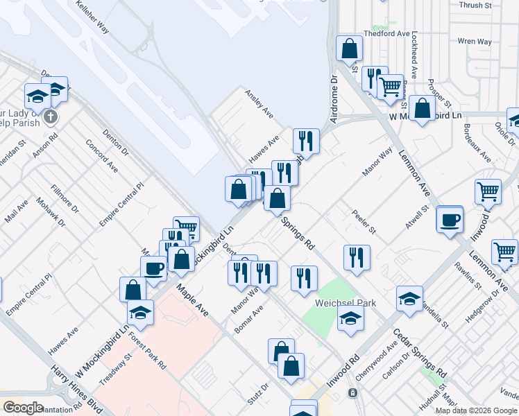 map of restaurants, bars, coffee shops, grocery stores, and more near 3040 West Mockingbird Lane in Dallas