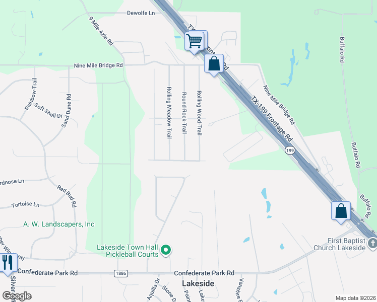 map of restaurants, bars, coffee shops, grocery stores, and more near 6110 Round Rock Trail in Fort Worth