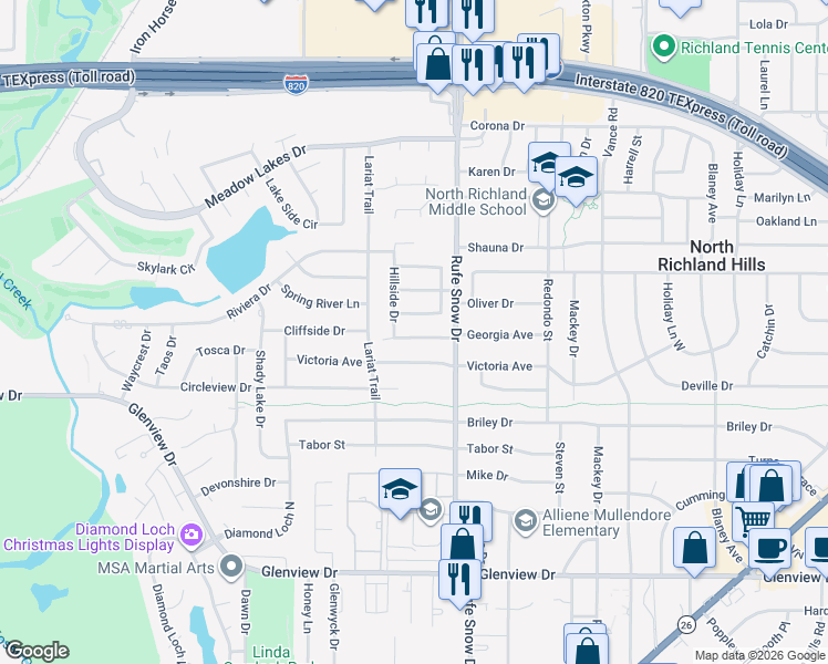 map of restaurants, bars, coffee shops, grocery stores, and more near 6621 Pleasant Ridge Drive in North Richland Hills