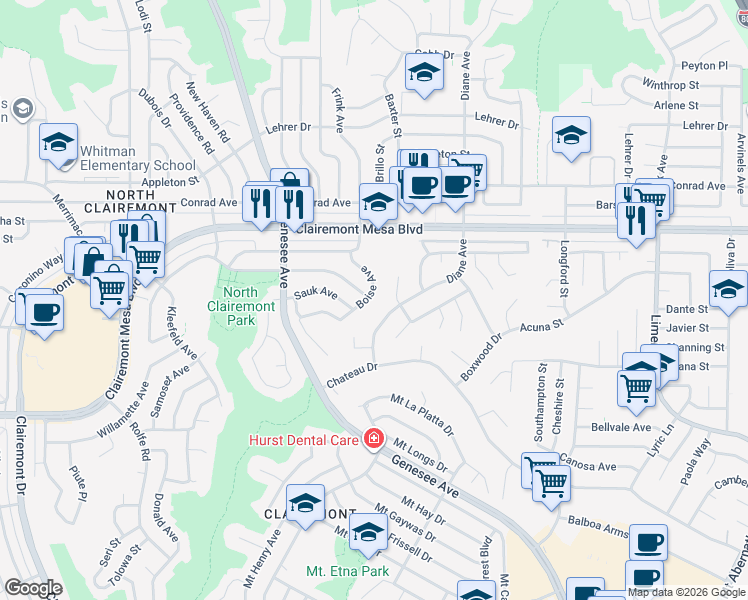 map of restaurants, bars, coffee shops, grocery stores, and more near 4781 Boise Avenue in San Diego