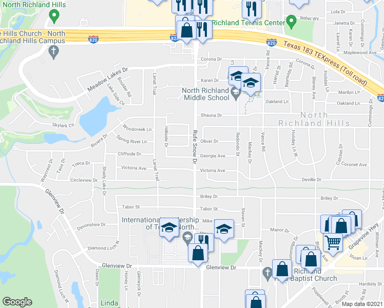 map of restaurants, bars, coffee shops, grocery stores, and more near 6641 Pleasant Ridge Drive in Fort Worth