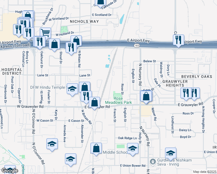 map of restaurants, bars, coffee shops, grocery stores, and more near 1629 Oak Lea Drive in Irving