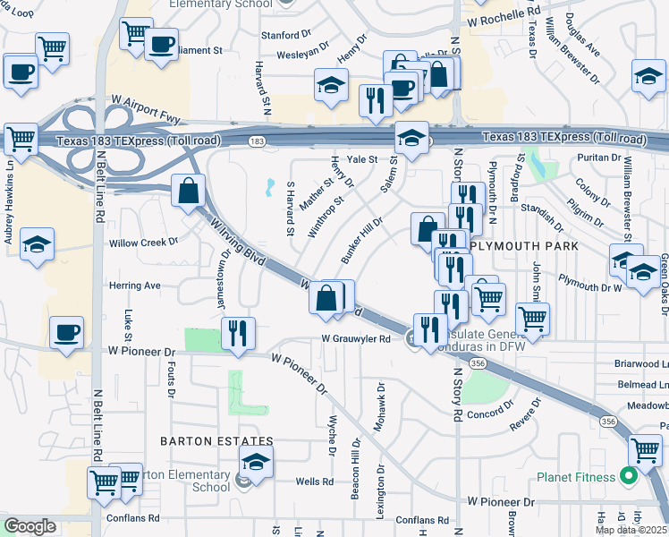 map of restaurants, bars, coffee shops, grocery stores, and more near 1721 Bunker Hill Drive in Irving