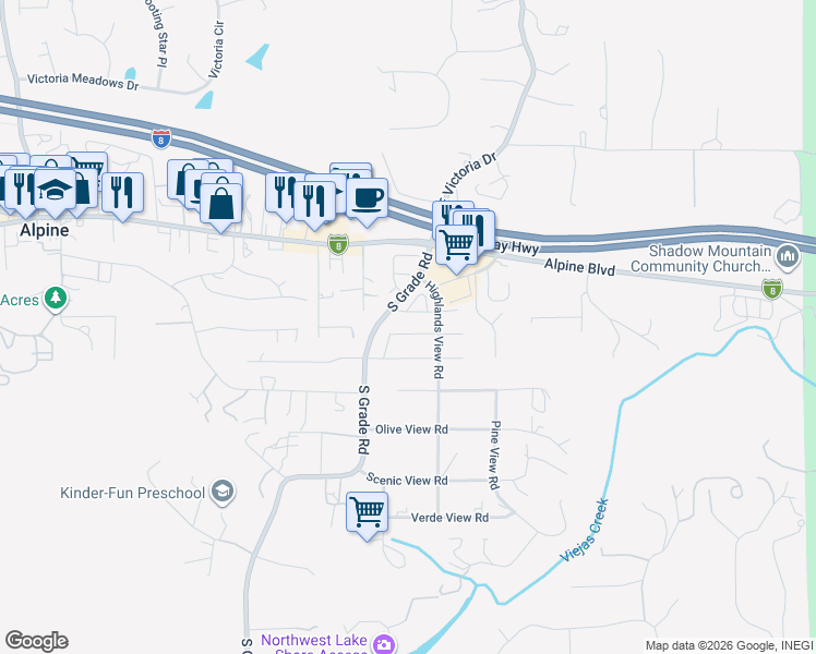 map of restaurants, bars, coffee shops, grocery stores, and more near 2884 Sage View Drive in Alpine
