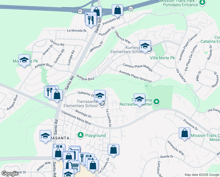 map of restaurants, bars, coffee shops, grocery stores, and more near 5581 La Cuenta Drive in San Diego