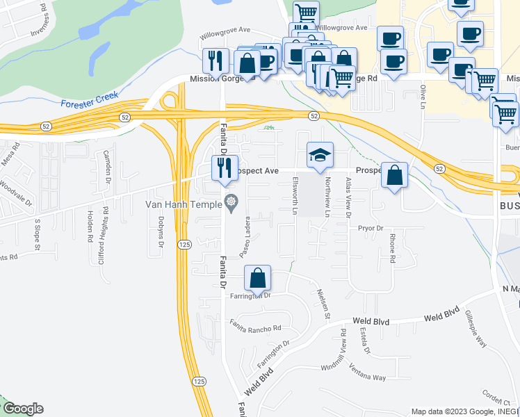 map of restaurants, bars, coffee shops, grocery stores, and more near 8642 Paseo Del Rey in Santee