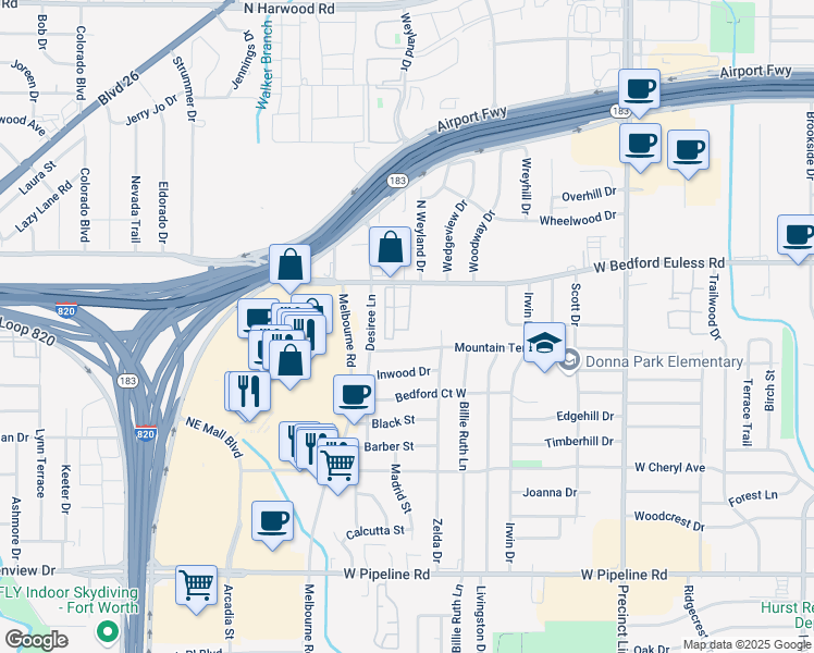 map of restaurants, bars, coffee shops, grocery stores, and more near 1206 Wooded Trail in Hurst