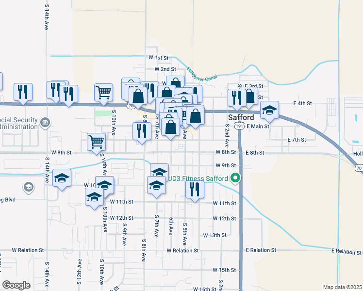 map of restaurants, bars, coffee shops, grocery stores, and more near 706 West 5th Street in Safford