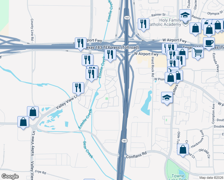 map of restaurants, bars, coffee shops, grocery stores, and more near 4522 West Pioneer Drive in Irving