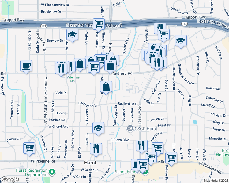 map of restaurants, bars, coffee shops, grocery stores, and more near 1165 Valley View Drive in Hurst