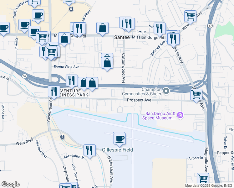 map of restaurants, bars, coffee shops, grocery stores, and more near 10250 Prospect Avenue in Santee