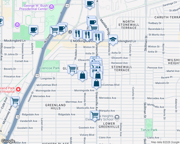 map of restaurants, bars, coffee shops, grocery stores, and more near 5617 Martel Avenue in Dallas