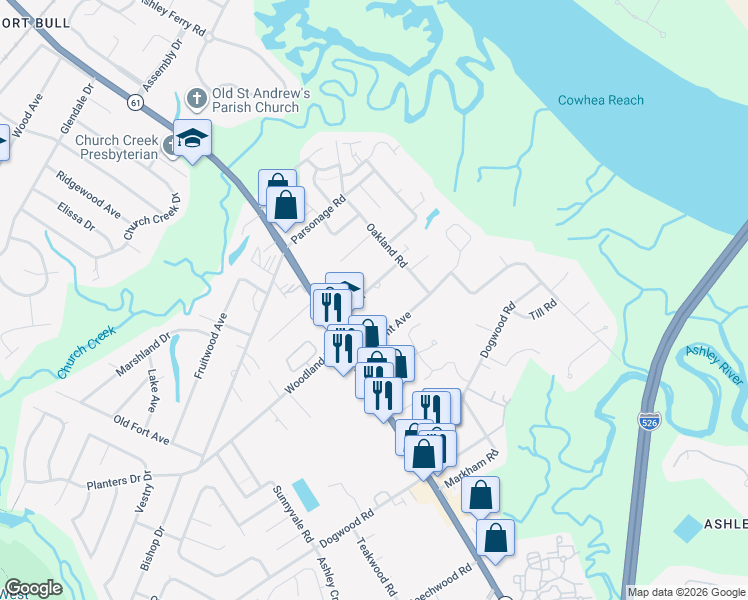 map of restaurants, bars, coffee shops, grocery stores, and more near 1771 Elm Road in Charleston