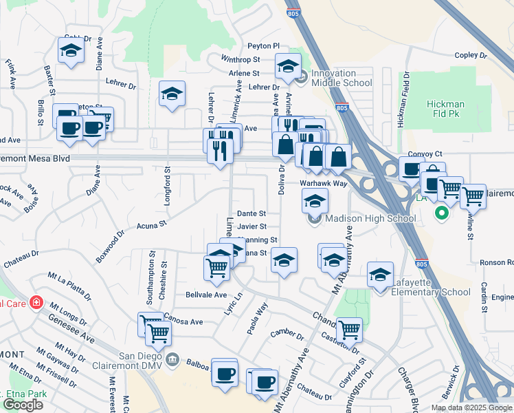 map of restaurants, bars, coffee shops, grocery stores, and more near 4809 Sagasti Avenue in San Diego