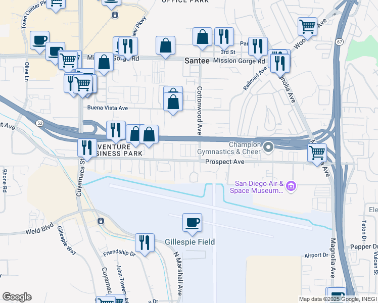 map of restaurants, bars, coffee shops, grocery stores, and more near 10250 Prospect Avenue in Santee