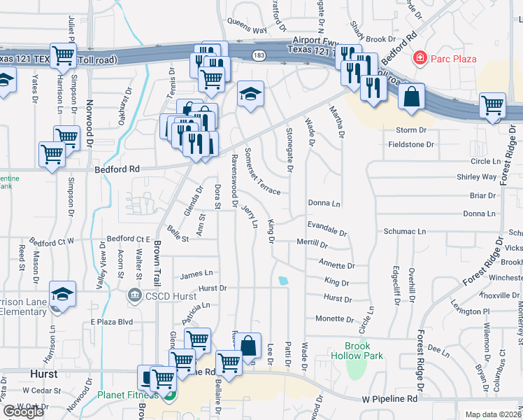 map of restaurants, bars, coffee shops, grocery stores, and more near 20 Barons Court in Bedford