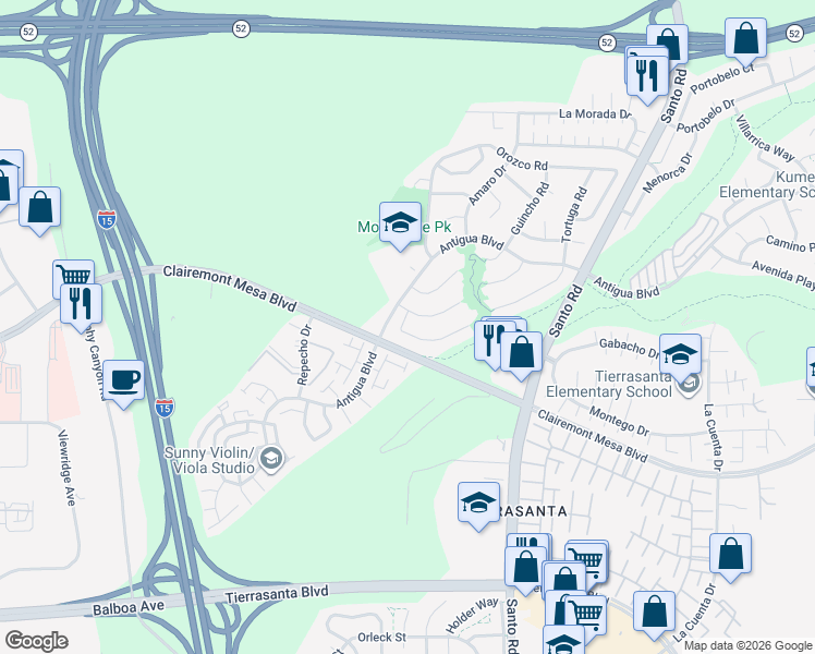 map of restaurants, bars, coffee shops, grocery stores, and more near 10232 Veracruz Court in San Diego