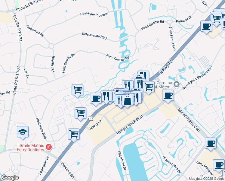 map of restaurants, bars, coffee shops, grocery stores, and more near 1854 Montclair Drive in Mount Pleasant