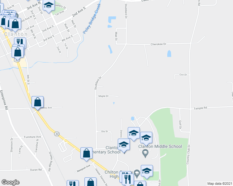 map of restaurants, bars, coffee shops, grocery stores, and more near 615 Maple Drive in Clanton
