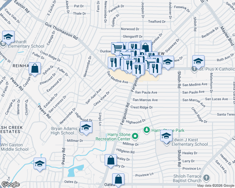 map of restaurants, bars, coffee shops, grocery stores, and more near 2335 San Marcus Avenue in Dallas